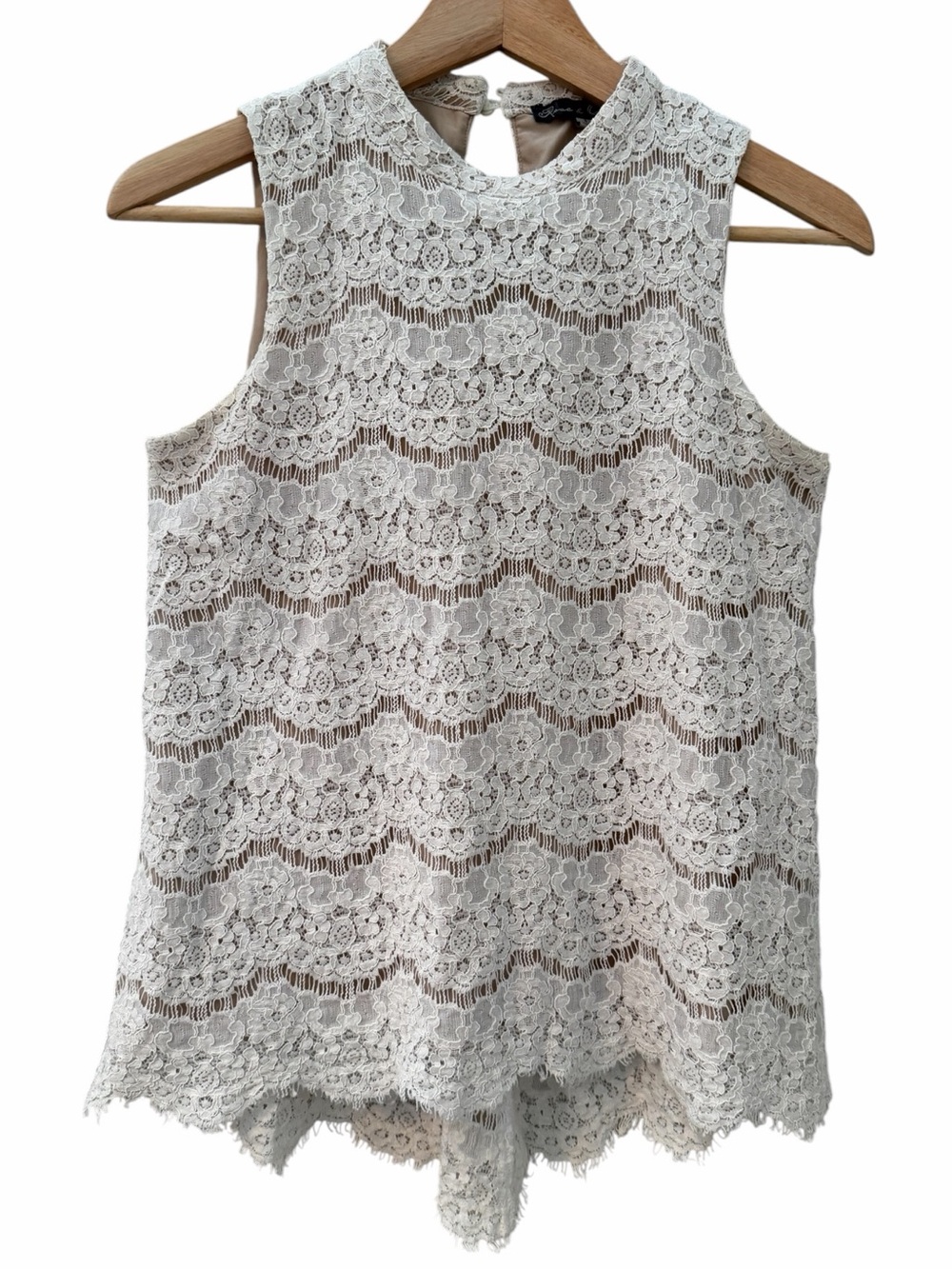 Rose & Olive White Floral Lace Sleeveless Top Women Sz S Lined Hi Low Scallop